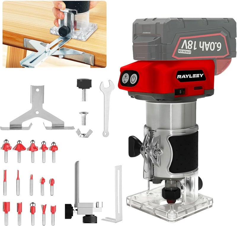 RAYLEEY Cordless Wood Router Trimmer Compatible With MILWAUKEE 18V Battery, 800W 30000 RPM Brushless Motor Hand Palm Router with 15pcs 1/4"Shank Router Bits for Woodworking,Slotting(NO Battery) - Image 1